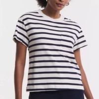 Blusa Manga Curta Em Meia Malha Listrada Com Bolso Azul/Off White