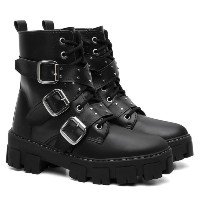 Coturno Feminino Tratorado Bota Fivela Tendência Inverno - Preto