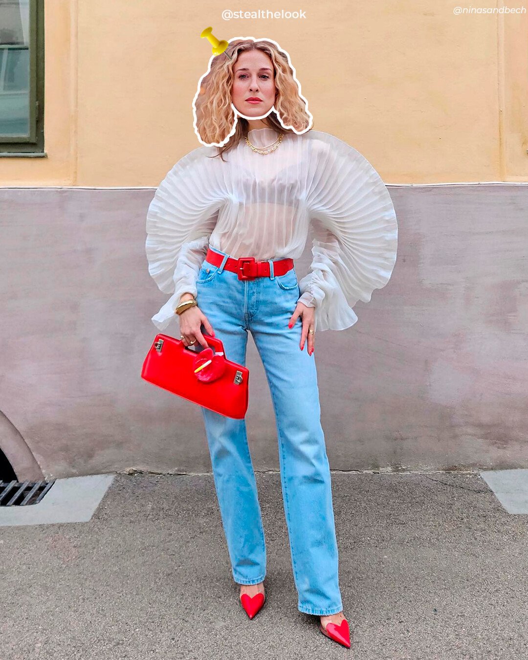 It girl - Carrie Bradshaw, calça jeans, camisa branca, vermelho - Carrie Bradshaw - Outono - Street Style - https://stealthelook.com.br