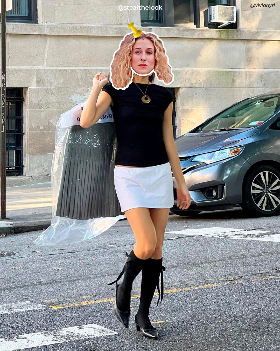 It girl - Carrie Bradshaw, mini saia, blusa preta, kitten hills, slingback - Carrie Bradshaw - Outono - Street Style - https://stealthelook.com.br