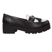 Loafer Tratorado Fem Bicolor Couro Pto/bco - Ref: 44424 Pb