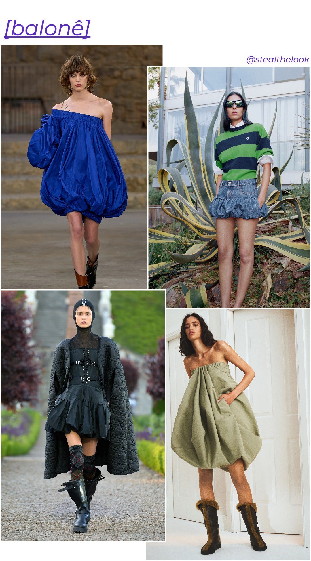 Moda balonê em destaque. Vestidos volumosos e saias bufantes em cores ousadas e neutras. Peças modernas combinam sofisticação e estilo vanguardista, trazendo à tona uma tendência retrô reinterpretada para o público atual.