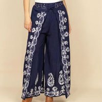 Calça Pantalona Reta com Aberturas Indy Colors Paisley Azul - Único - Azul