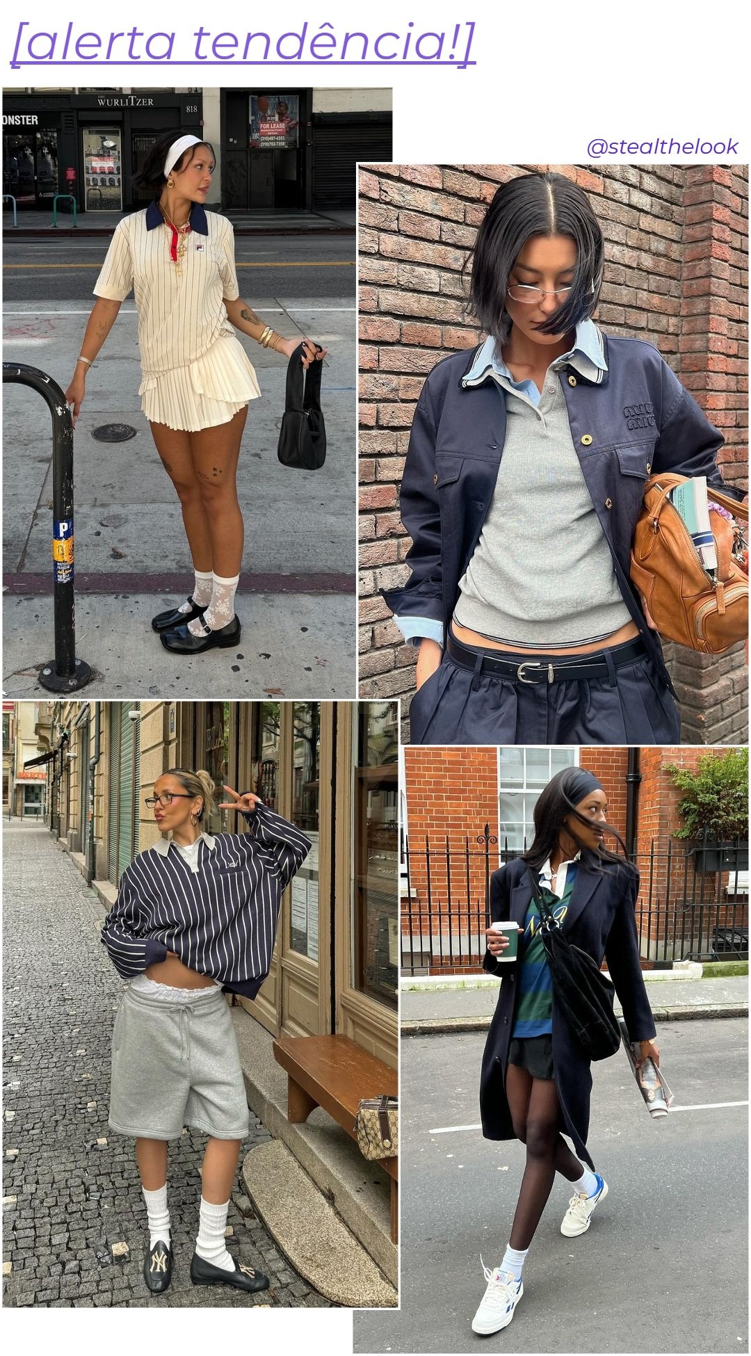 Tendências de moda urbana estão em destaque! Looks com camisas oversized, camisa polo e saias plissadas. Acessórios marcantes, como bolsas e tênis, complementam os visuais modernos e despojados. Socks visíveis e mix de texturas são apostas certeiras.