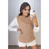 Colete Feminino Detalhado Tricô Modal Grosso Moda Inverno