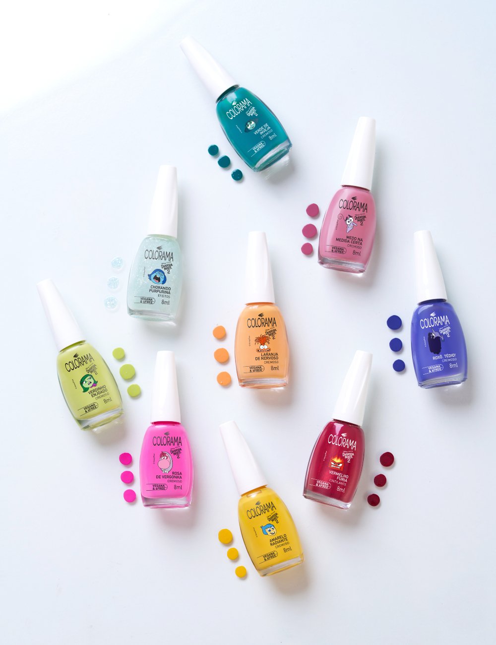 Coleção de esmaltes Colorama Divertida Mente com 9 cores vibrantes: verde, azul, roxo, rosa, amarelo, laranja e cinza. Cada frasco possui 8ml. Tendência de moda em unhas coloridas e diversificadas, combinando com diferentes estilos e personalidades.