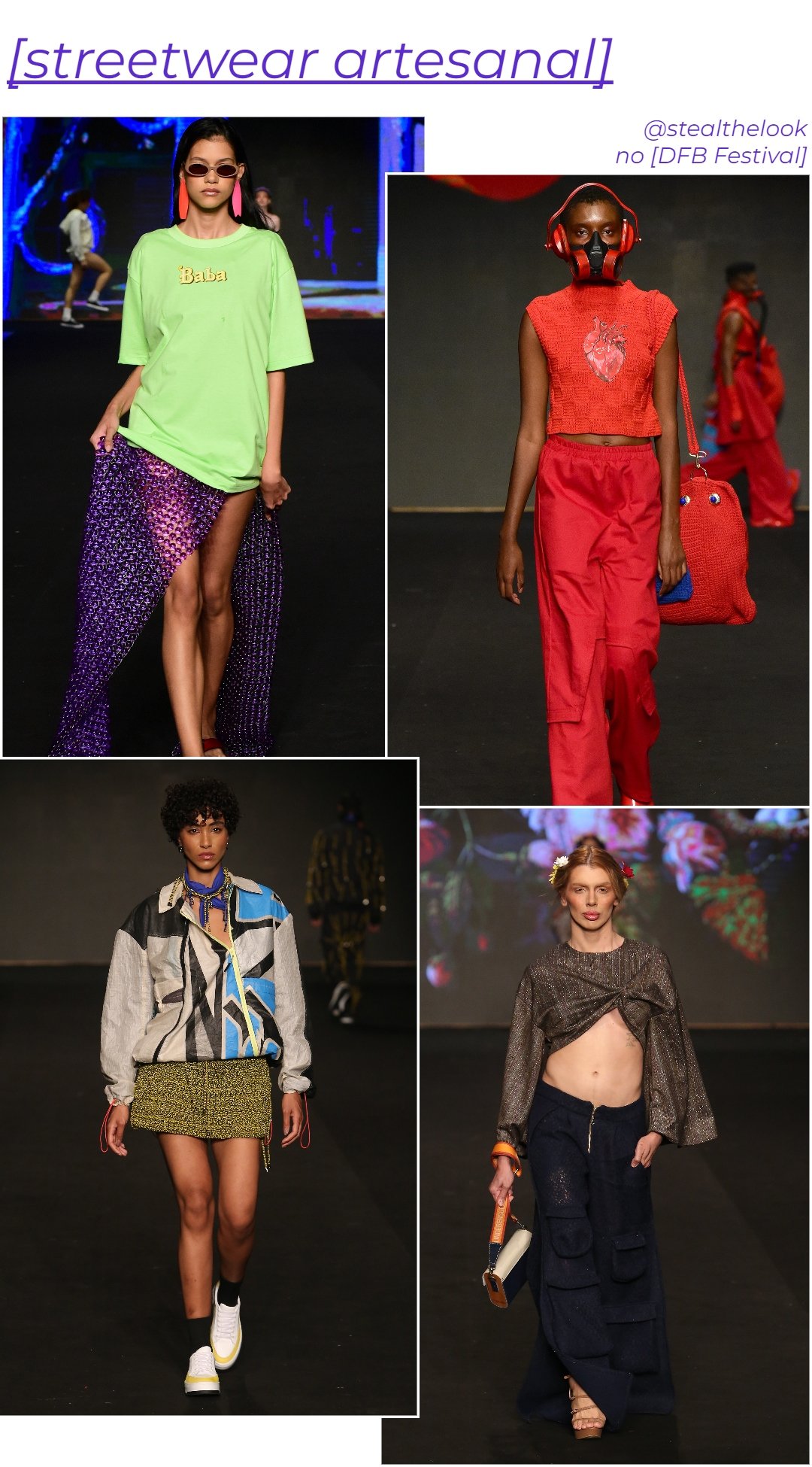 Imagem de desfile de moda no DFB Festival 2024 destacando o streetwear artesanal. Modelos usam roupas de design único: camisetas oversized, saias com texturas diferenciadas, conjuntinhos vermelhos, jaquetas coloridas e tops reveladores.