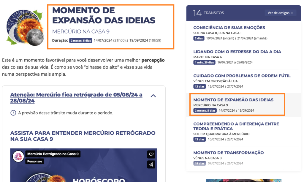 Página sobre a astrologia e trânsitos planetários, destacando a fase 