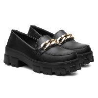 mocassim feminino detalhe corrente tratorado estilo conforto preto valentin