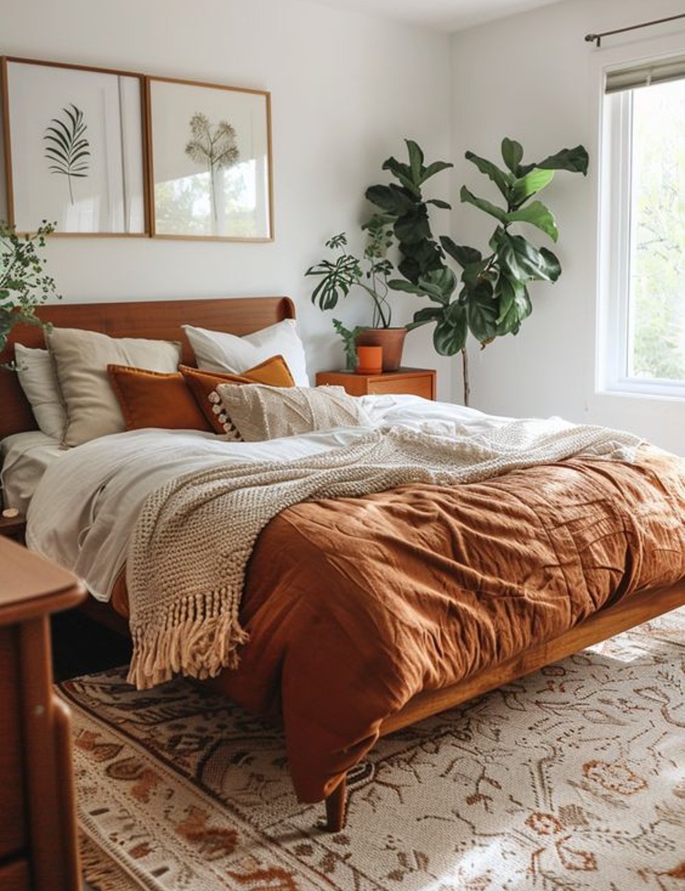 Quarto minimalista com tendências escandinavas e boho. Roupa de cama em novos neutros, manta de tricô, almofadas brancas e laranja combinam com a decoração natural. Plantas e quadros botânicos complementam a estética aconchegante e moderna.