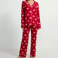 Pijama Americano Longo Em Viscolycra Com Estampa De Coraçõezinhos Vermelho