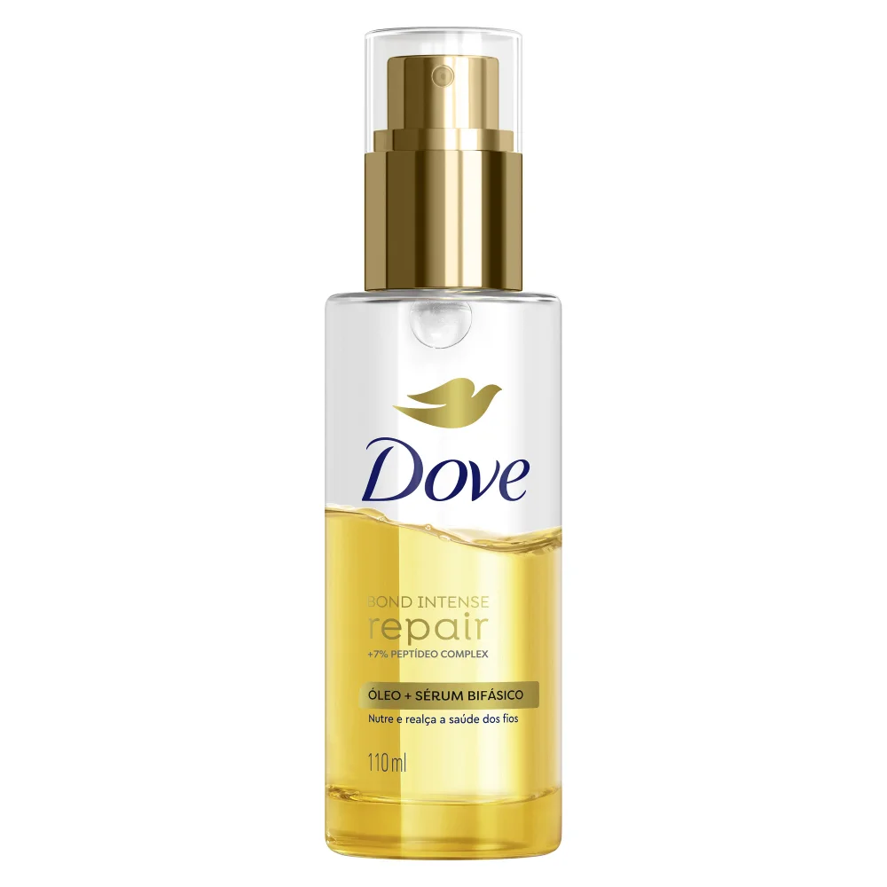 Óleo e sérum bifásico Dove Bond Intense Repair, embalagem de 110 ml. Produto para nutrição e reparação dos fios, destacando-se pela eficiência e luxo na rotina de cuidados capilares. tendência atual em tratamentos de cabelo e cuidados de beleza.