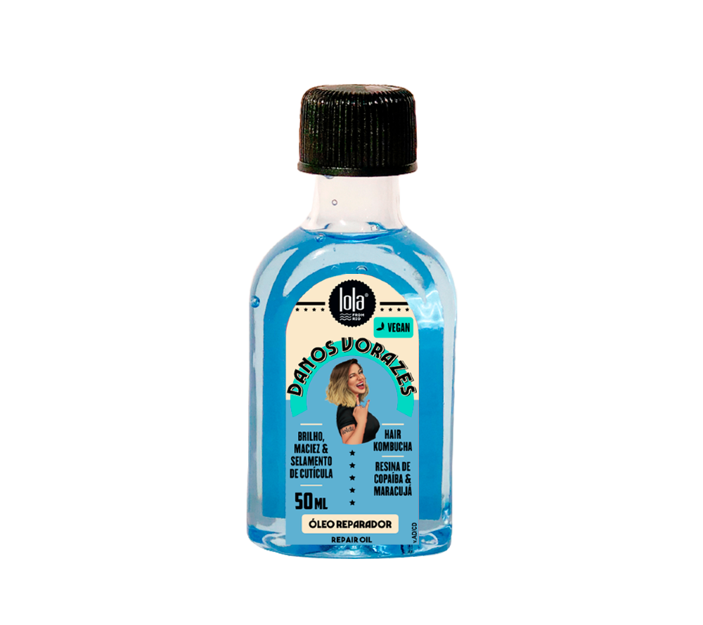 óleo reparador de cabelo da marca Lola Cosmetics, embalagem moderna de 50ml com tampa preta e design colorido. Produto vegan para brilho, maciez e selamento de cutícula, contendo Hair Kombucha, resina de copaíba e maracujá. produtos de farmácia