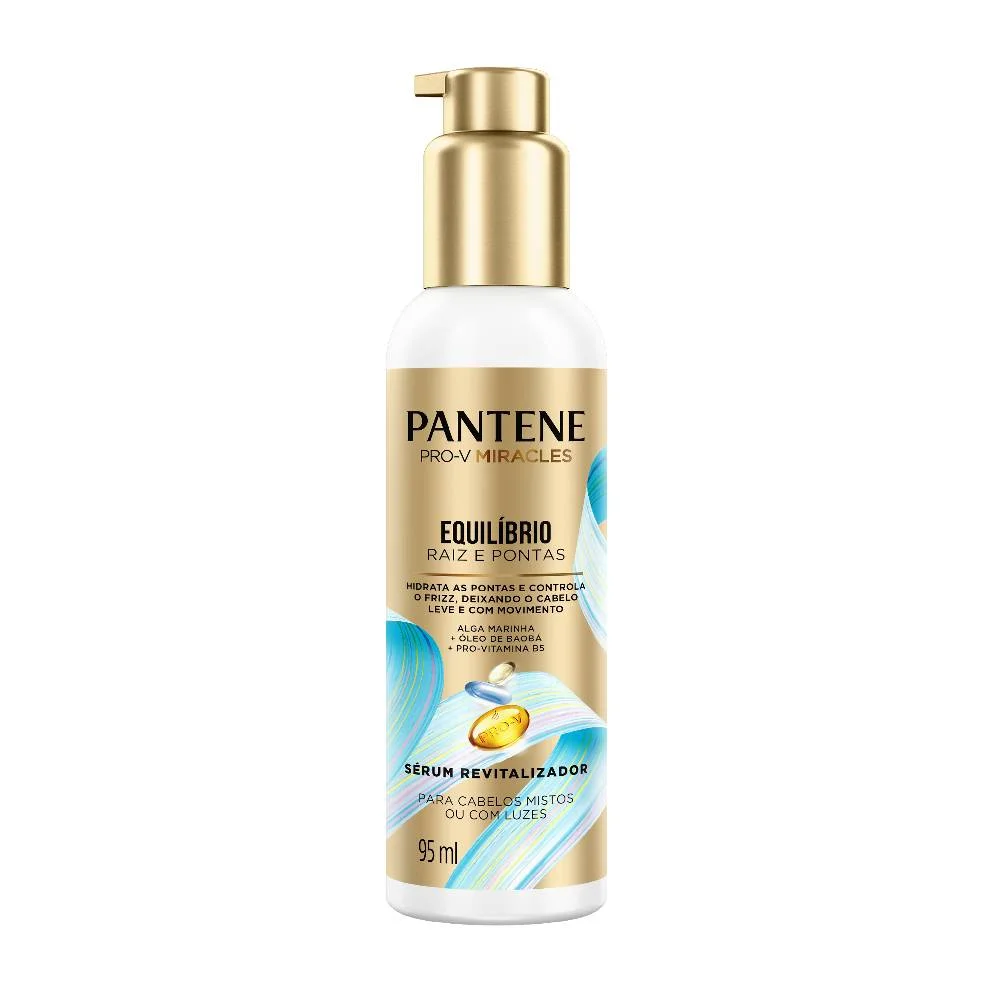 sérum revitalizador Pantene Pro-V Miracles Equilíbrio Raiz e Pontas, para cabelos mistos ou com luzes. Design moderno com dispenser dourado e rótulo em tons de dourado e azul, destacando ingredientes como alga marinha, aloe vera e pro-vitamina B5.