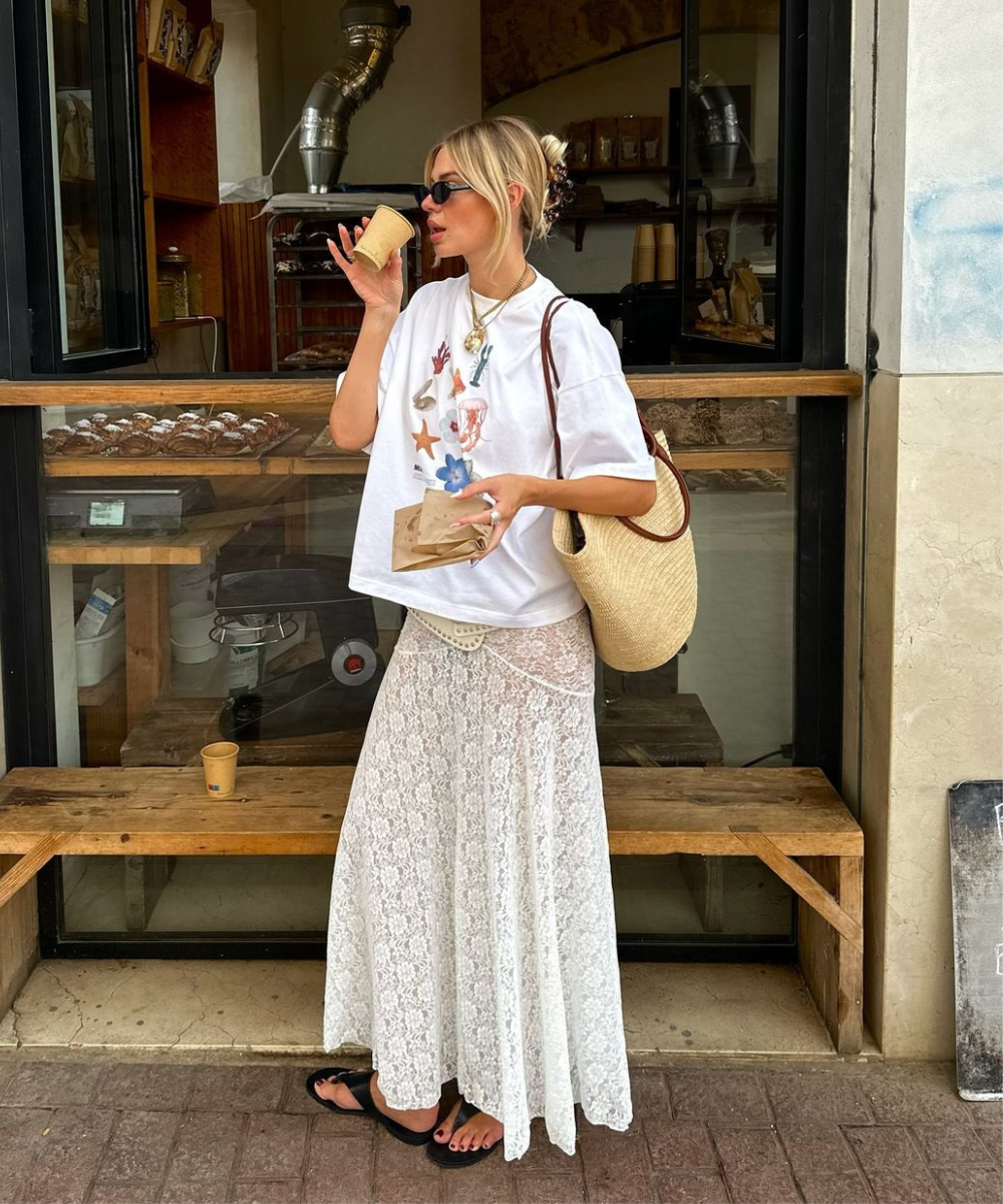 Mulher vestindo camiseta branca estampada, saia longa de renda branca, chinelos pretos e óculos escuros, segurando bolsa de palha e café. Tendências de moda: estilo leve e confortável, elementos boho e acessórios casuais.