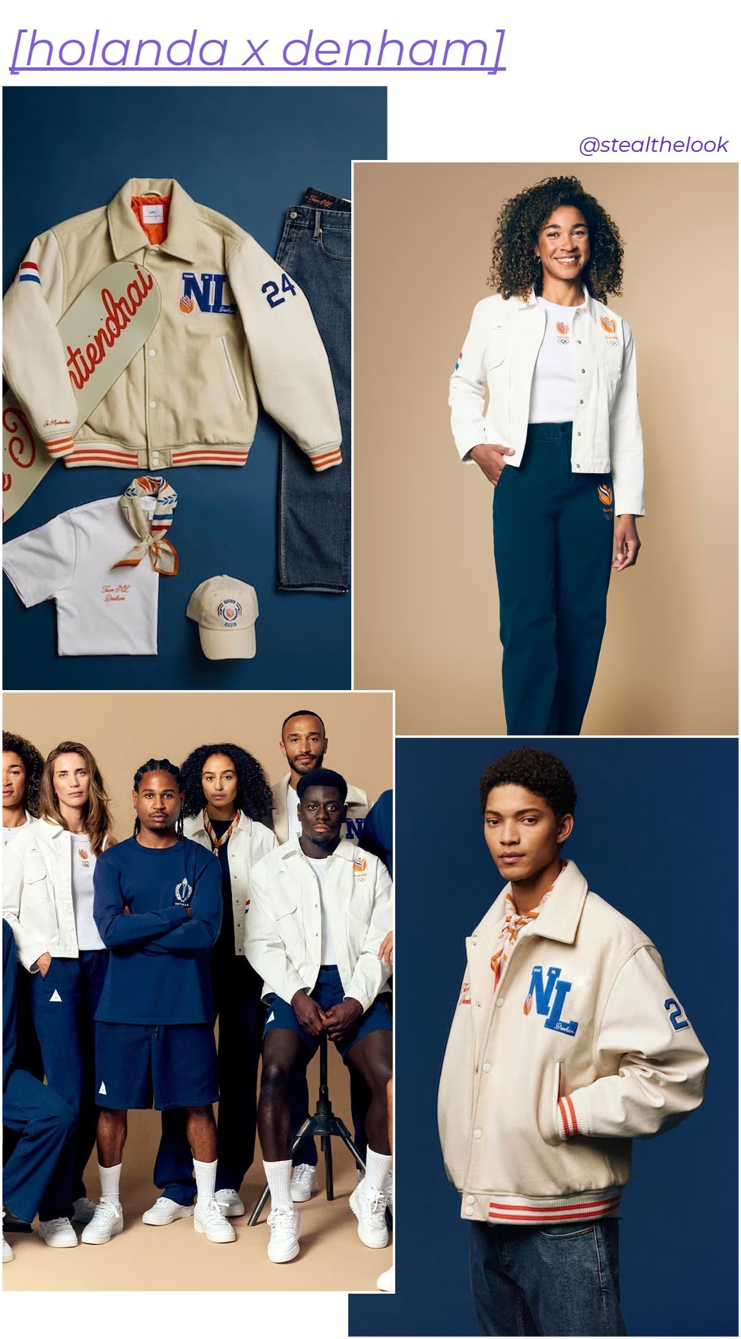 Coleção estilos esportivos e minimalistas com foco em jaquetas varsity, camisetas, moletons e calças jeans. Paleta de cores neutras com detalhes em azul e laranja. Looks casual-chic com influência retrô e elementos contemporâneos.