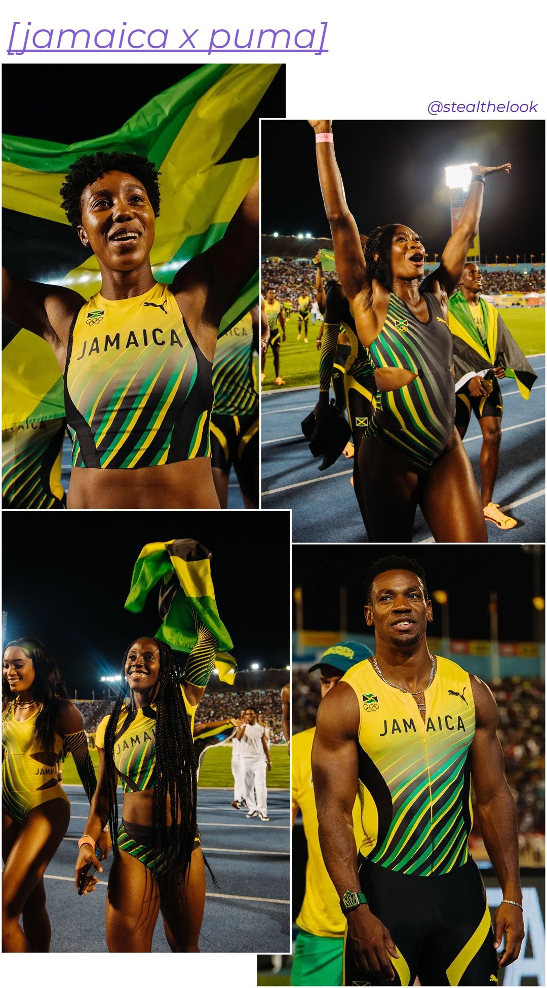 Atletas jamaicanos vestindo uniformes da coleção Jamaica x Puma. Os trajes esportivos exibem as cores verde, amarela e preta da bandeira jamaicana em design moderno e ajustado, destacando um estilo vibrante e dinâmico para competições.