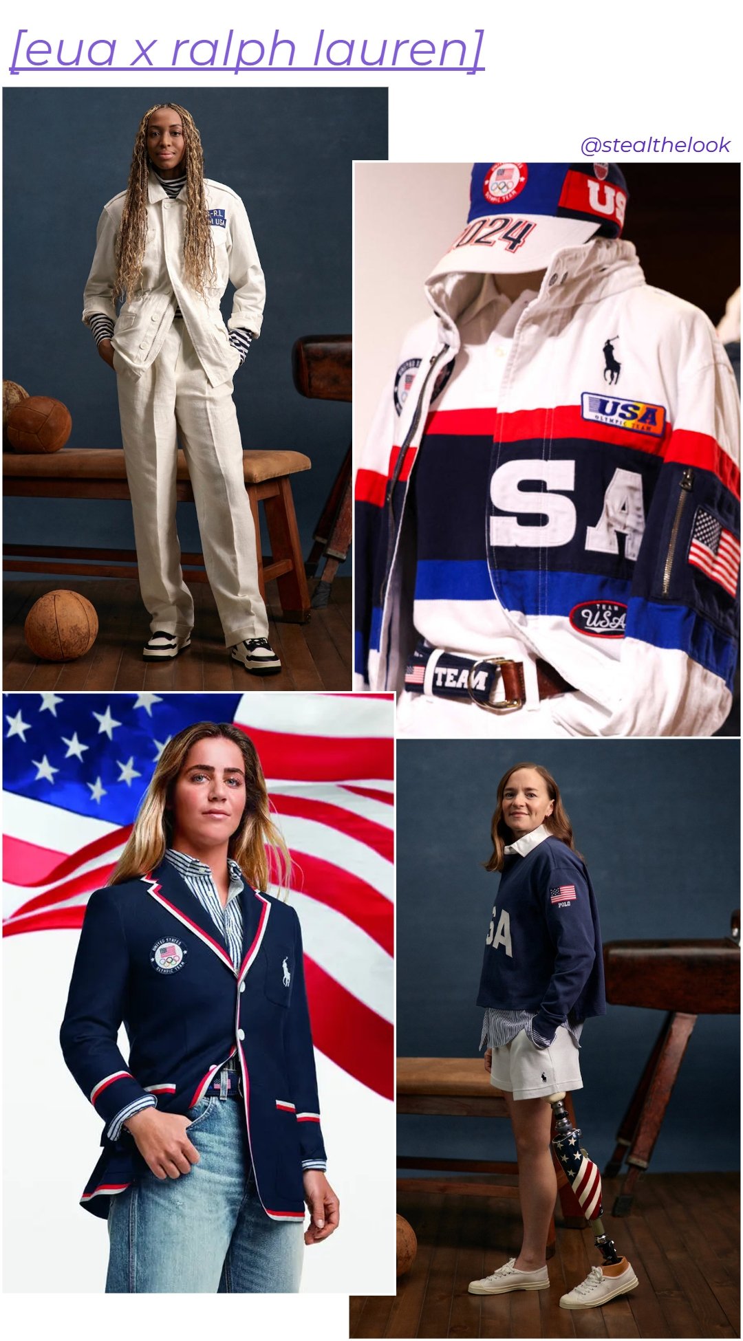 A imagem apresenta peças de moda da colaboração Ralph Lauren x EUA, destacando o sportswear elegante com inspiração patriótica. Casacos, moletons e blazers em cores clássicas como azul, branco e vermelho, com detalhes de bandeiras e logotipos.