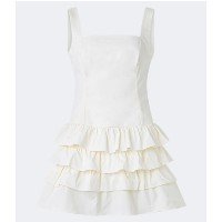 Vestido Curto em Tricoline com Babados na Saia Off White