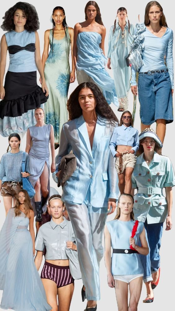 Moda primavera-verão 2023 com foco em tons pastéis e azuis. Vestidos fluídos, alfaiataria leve, shorts, blusas de manga longa e peças assimétricas destacam a versatilidade. Tecidos leves e confortáveis predominam, refletindo elegância casual e moderna.