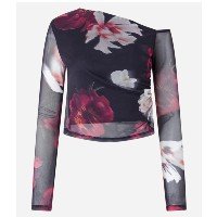 Blusa em Tule com Decote Assimétrico e Estampa Floral Preto