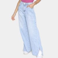 Calça Jeans Sawary Wide Leg Abertura Feminina - Azul