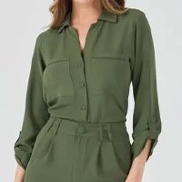 Camisa PKS Manga Longa Bolso Bordado Verde Militar