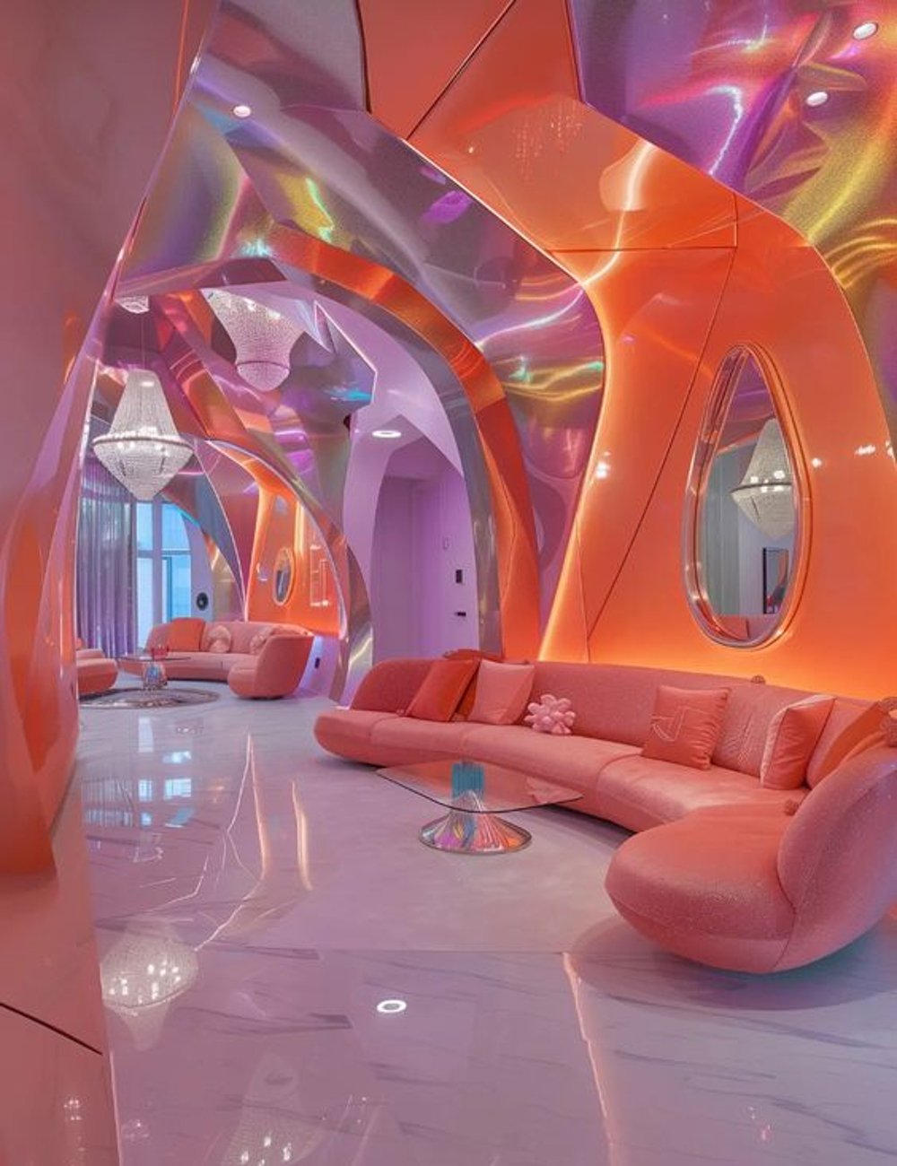 Ambiente moderno e futurista com cores vibrantes em tons de rosa, laranja e roxo. Decoração inclui sofás curvos, paredes espelhadas e lustres luxuosos. Design inspirado na estética de discotecas retrô e no neon, criando um visual psicodélico e sofisticado.