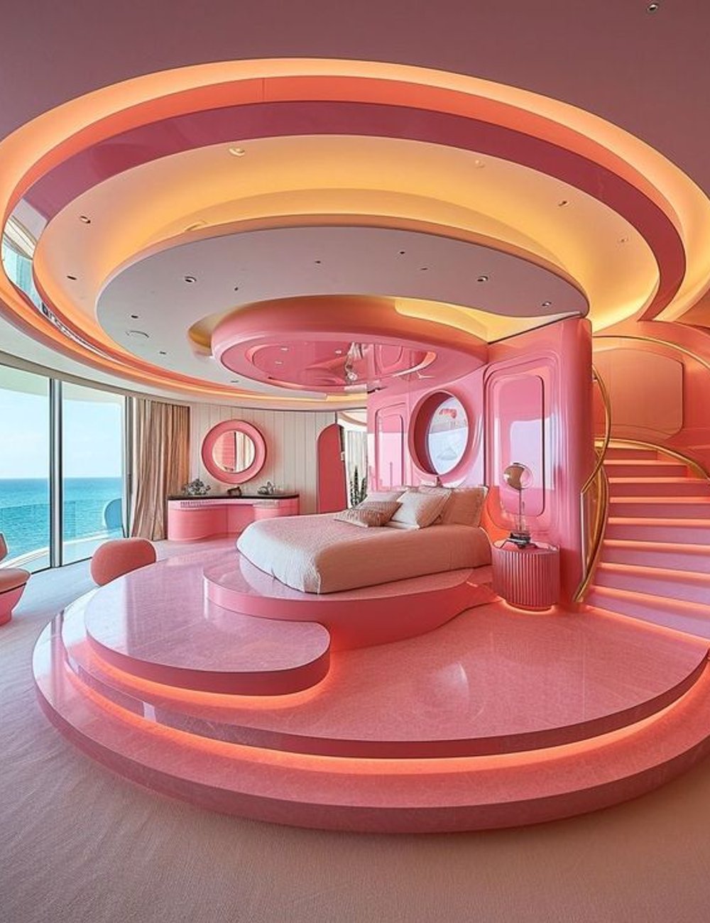 Quarto futurista em tons de rosa com estética moderna e linhas curvas. Design inclui cama sobre plataforma elevada, iluminação de LED, móveis minimalistas e escadas. Predomínio de cores quentes e ambiente com vista para o mar. Estilo contemporâneo e ousado.