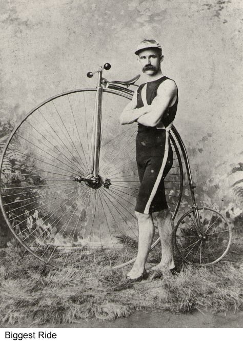 Imagem de época de um ciclista ao lado de um biciclo de roda grande. O homem veste roupa justa de ciclismo, típica do século XIX, composta por camisa e calção de material leve, destacando o uso de boné e bigode. Estilo vintage e esportivo.