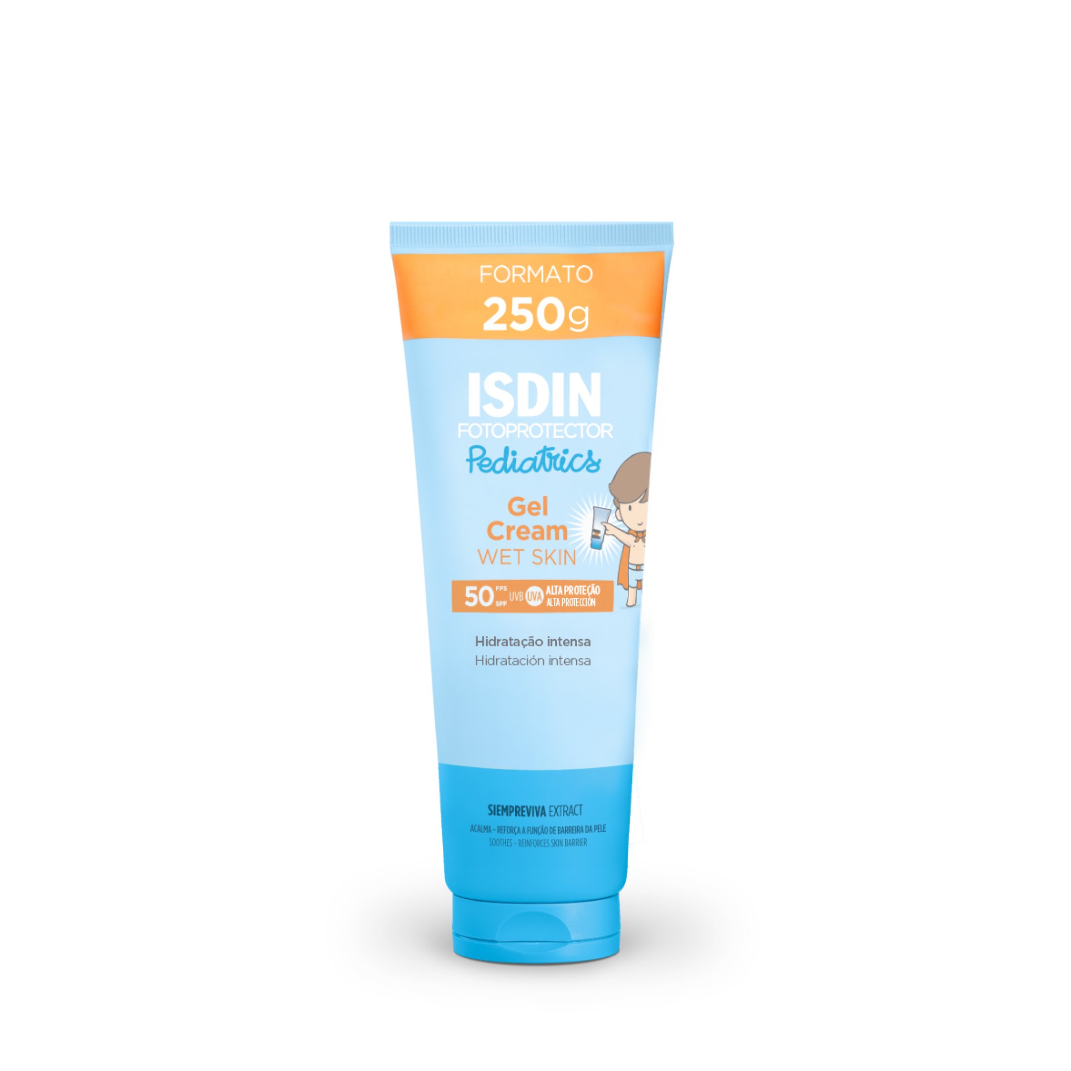 Imagem de um protetor solar infantil da marca ISDIN, formato 250g. Embalagem nas cores azul e laranja, com proteção SPF 50+. Gel Cream Wet Skin, ideal para hidratação intensa e proteção solar para pele molhada.