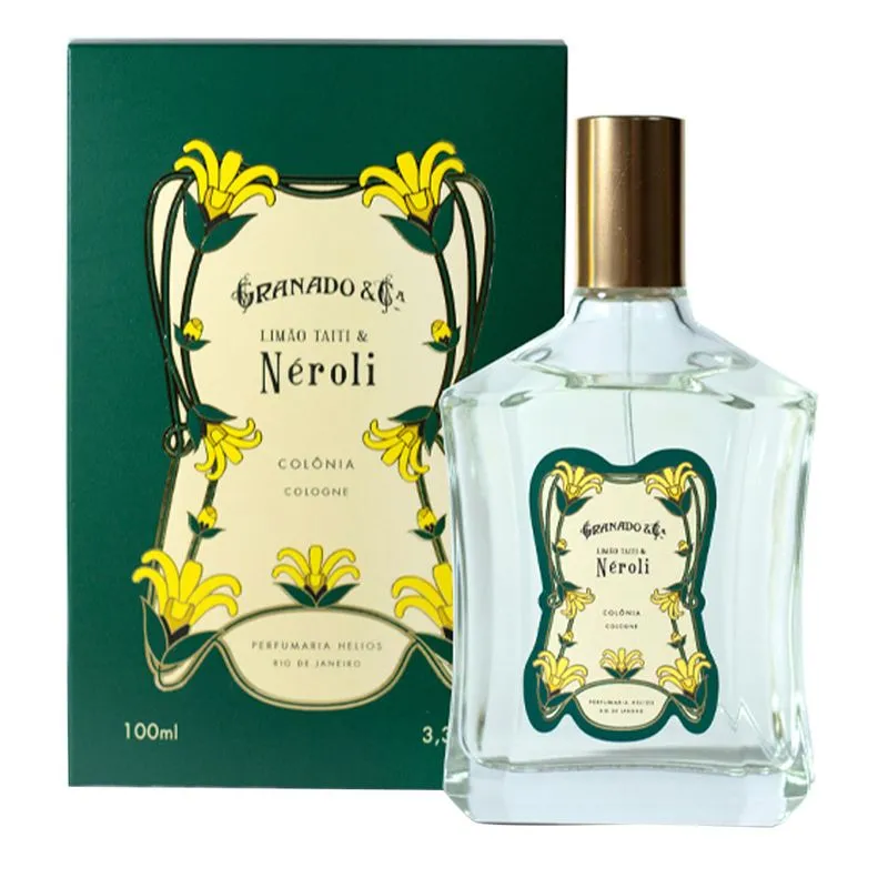 Granado Limão Taiti & Neroli, destacando o estilo clássico e elegante de sua embalagem. O frasco transparente com detalhes dourados e rótulo vintage verde e amarelo reflete tendências de moda nostálgica e sofisticada perfumes femininos brasileiros