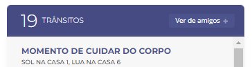 Interface de aplicativo de astrologia exibindo informações sobre trânsitos do dia, destacando a importância de cuidar do corpo. Design minimalista com cores suaves, detalhes astrológicos sobre Sol na Casa 1 e Lua na Casa 6. Lua cheia de agosto.