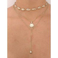 Colar Triplo Choker Búzio Com Pingente Concha Folheado Ouro.