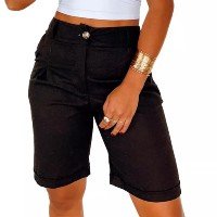 Bermuda Jorts Linho Feminino Social Larguinho Bolso Passante