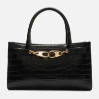 Bolsa Tote Preta Couro Croco Grande Ganchos