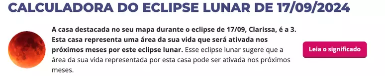 Imagem de uma calculadora do eclipse lunar com texto explicativo sobre a influência do eclipse em uma área específica da vida. Toques de modernidade com cores vibrantes, tipografia clean e ícones visuais.