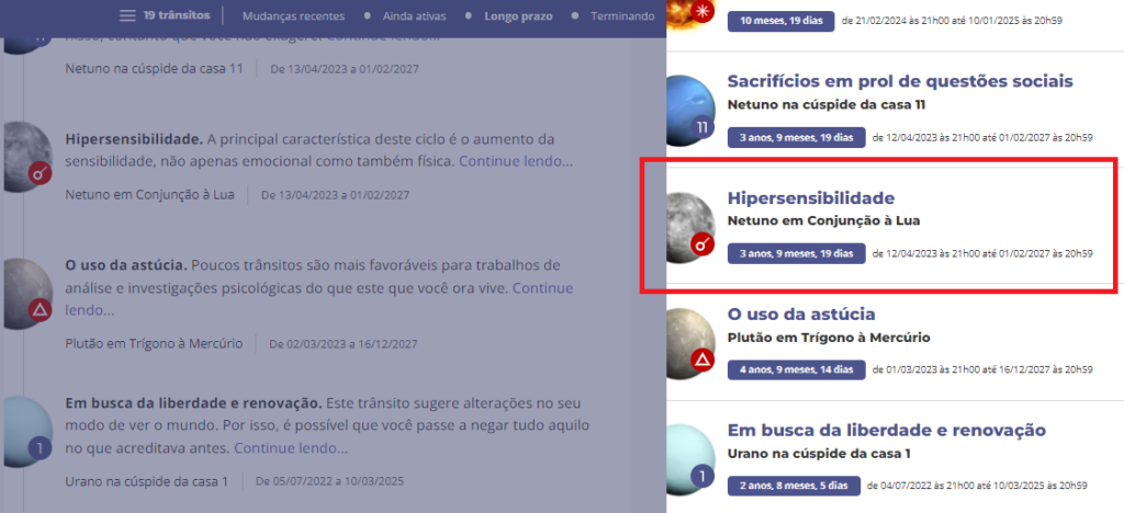 Imagem de interface de um site de astrologia, destacando o trânsito astrológico 