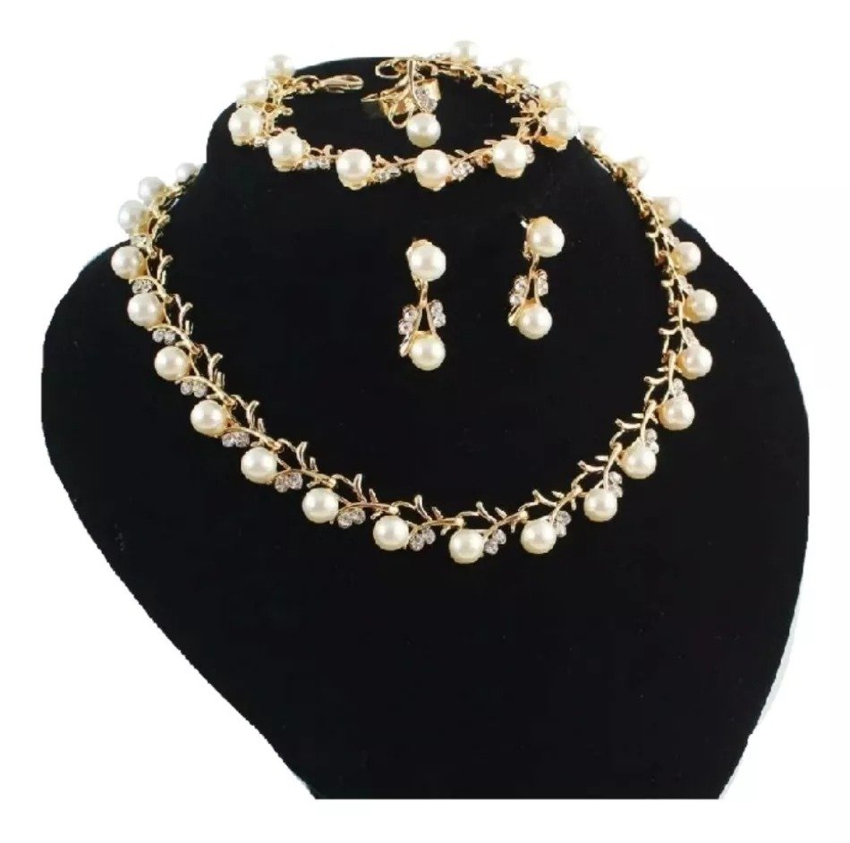 Conjunto Colar Brinco Pulseira Noiva Pérola Dourado Strass