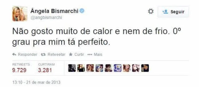 Tweet de Ângela Bismarchi expressando opinião sobre temperaturas extremas, preferindo 0°C. Twitter.