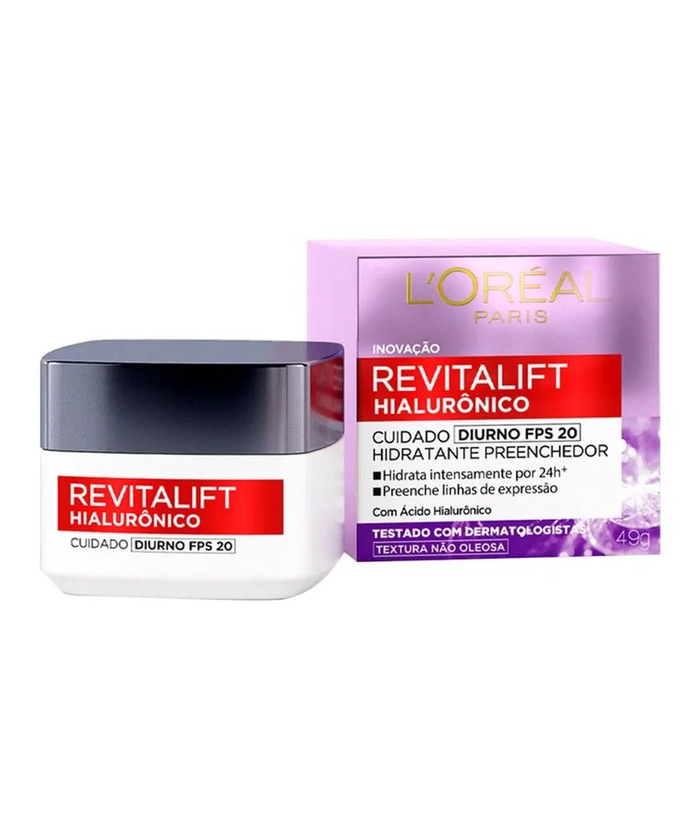 Creme Revitalift Hialurônico da L'Oréal Paris. Embalagem moderna combina branco e prata com detalhes em vermelho, seguindo tendências de produtos de cuidados com a pele. Hidratantes faciais.