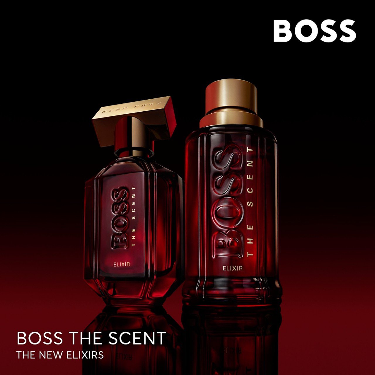 Imagem promocional do perfume Boss The Scent Elixir. Dois frascos elegantes em tonalidade vermelha com detalhes dourados, transmitindo sofisticação e luxo. Visual contemporâneo que reflete uma tendência de moda refinada e moderna. novidades de beleza