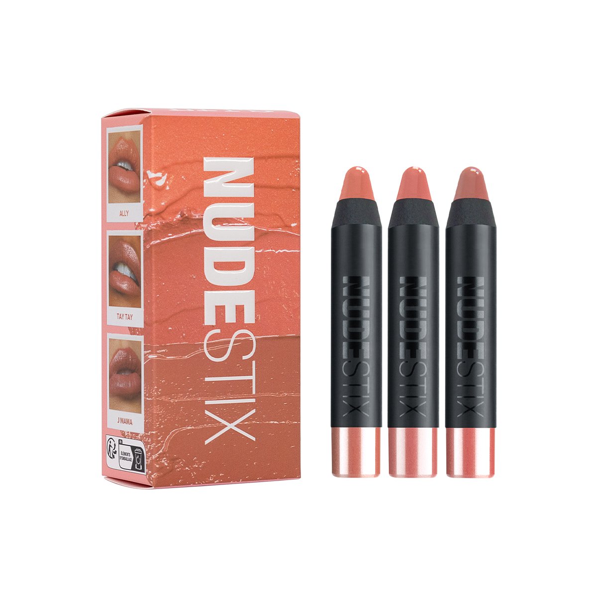 Trio de batons Nudestix, destacando a tendência de maquiagem nude. Os batons vêm em um estojo compacto e elegante, com cores naturais que valorizam a beleza natural. Ideal para looks minimalistas e sofisticados. novidades de beleza