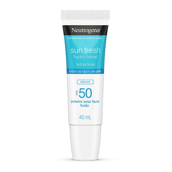 Protetor solar facial Neutrogena Sun Fresh Hydro Boost, FPS 50, 40mL. Embalagem moderna em tons de branco e azul, com design compacto e prático. Ideal para todos os tipos de pele, com textura fluida e sem cor. novidades de beleza