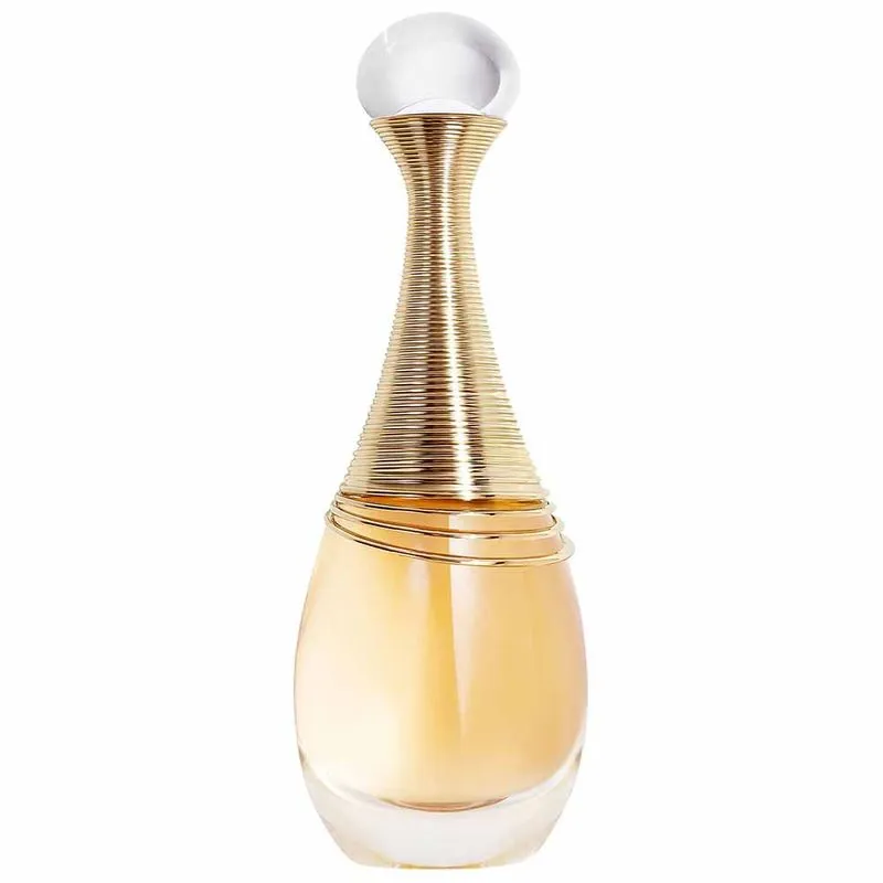 Frasco de perfume elegante e sofisticado, com design moderno e minimalista. A embalagem transparente e dourada com detalhes ocres reflete tendências de luxo e estilo contemporâneo na moda. perfumes femininos importados