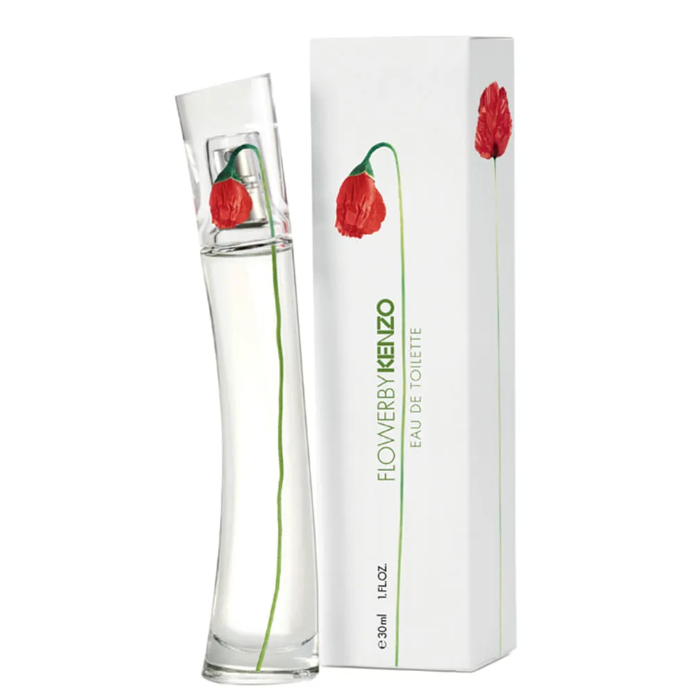 Frasco elegante de perfume Flower by Kenzo, destacando simplicidade e sofisticação com design curvado e estampas florais minimalistas. Embalagem branca com flores vermelhas, representando tendências de moda que perfumes femininos importados