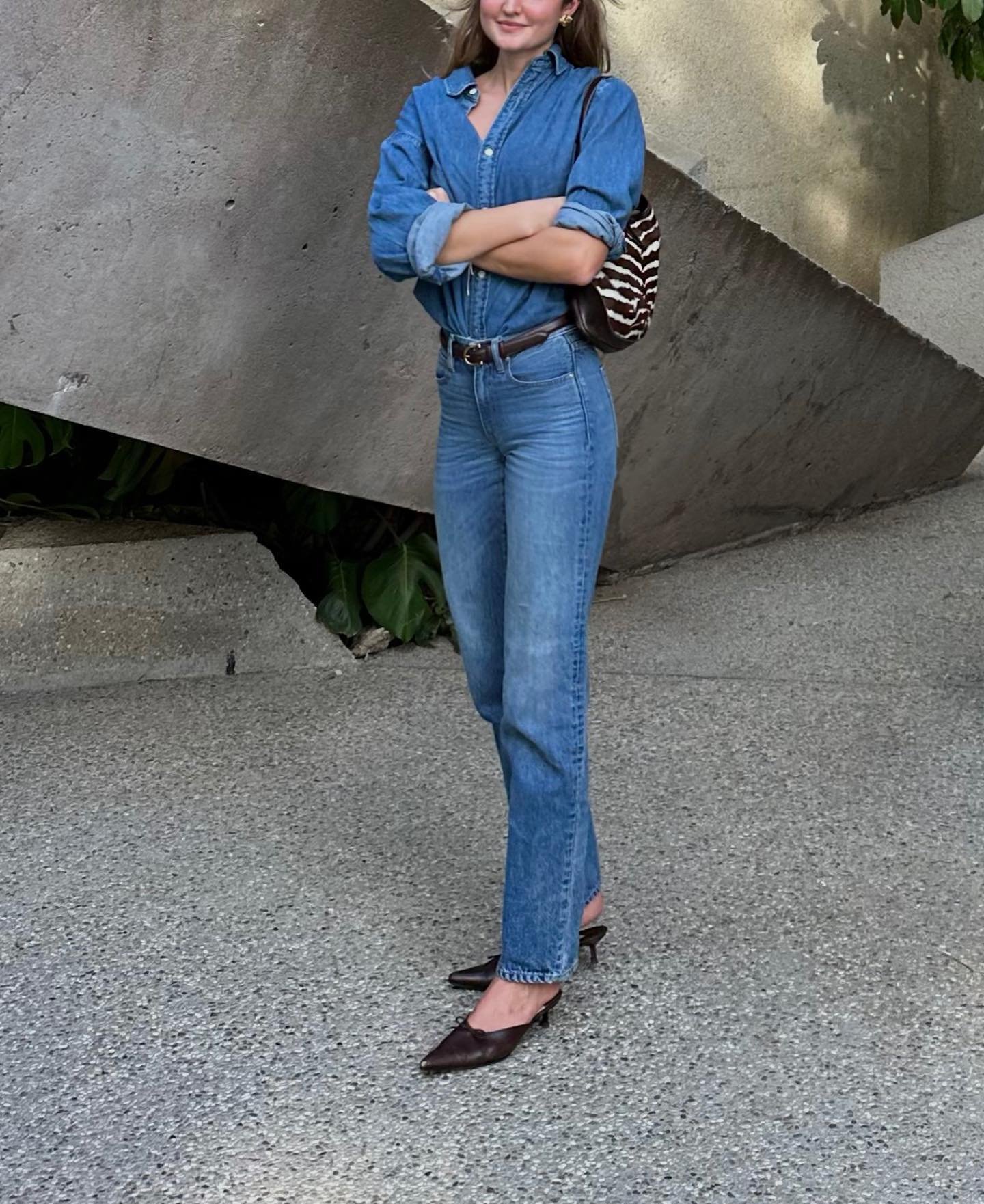 Look casual chic com camisa jeans, calça jeans de cintura alta, cinto marrom e sapatos de bico fino preto. Bolsa de ombro com estampa animal print.