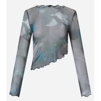 Blusa em Tule com Estampa Abstrata com Frufru Preto