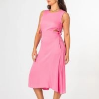 Vestido Midi Viscose Texturizada Detalhe Lateral Amarração - Rosa