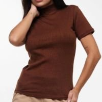 Blusa Canelada Gola Alta Manga Curta Moda Feminina Casual - Marrom